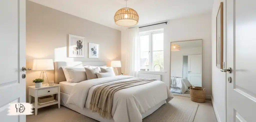 A bright and inviting small guest bedroom designed to look spacious and cozy, soft neutral color palette with white and beige walls.