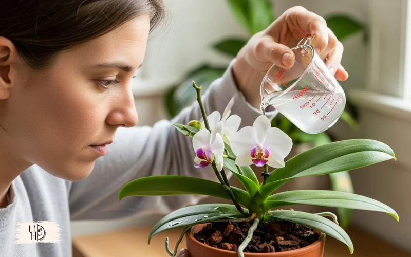 An orchid being fertilized with a diluted liquid fertilizer in a small measuring cup.