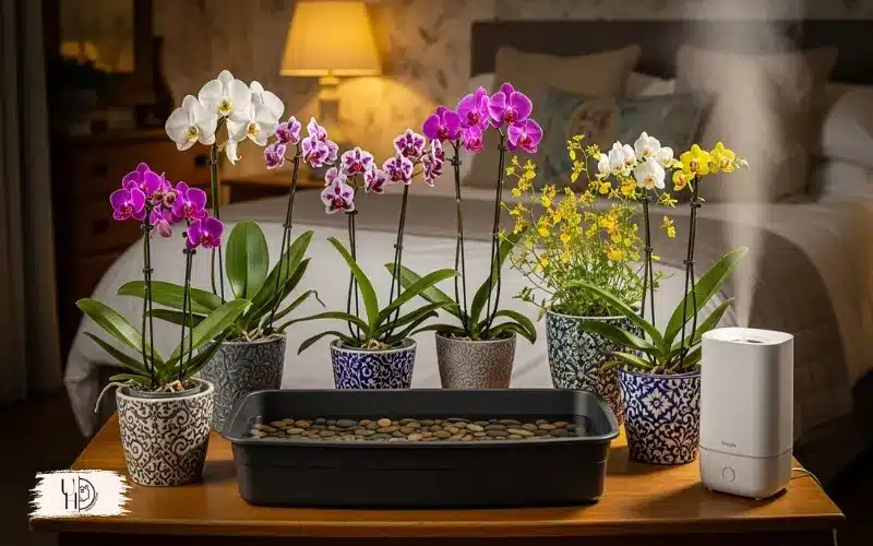 Orchids grouped together on a table with a humidity tray filled with pebbles and water.