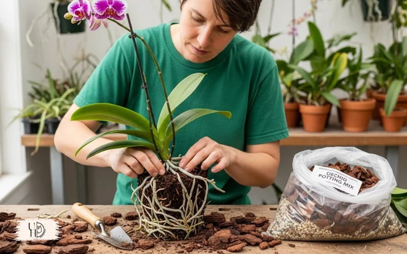 A woman orchid repotting: old decomposed bark removing