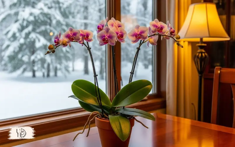 Orchids placed away from cold windows during winter, cozy indoor scene.