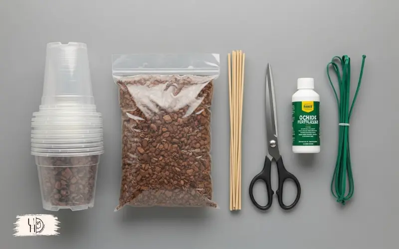 A neatly arranged collection of orchid care supplies: clear pots, bark mix, fertilize.