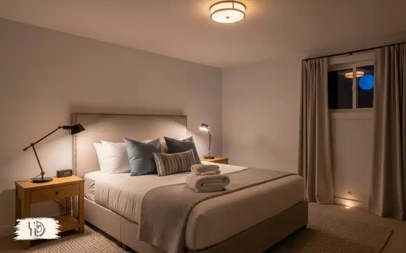 A guest bedroom demonstrating ambient ceiling light, bedside task lamps, soft night lighting, cozy nighttime atmosphere.