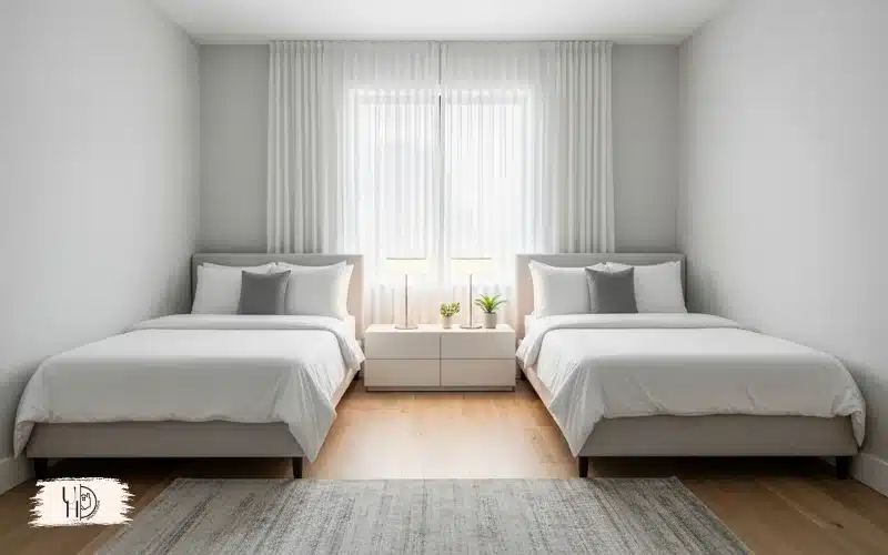 A guest bedroom with two twin beds, symmetrical layout, shared nightstand, clean and spacious feel, suitable for siblings or guests.