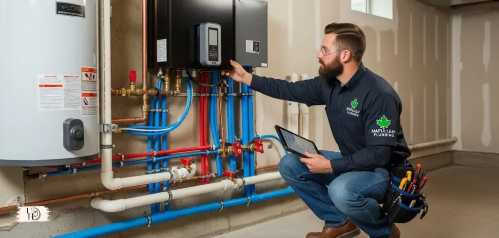 A professional Canadian plumber inspecting modern plumbing systems inside a residential home.