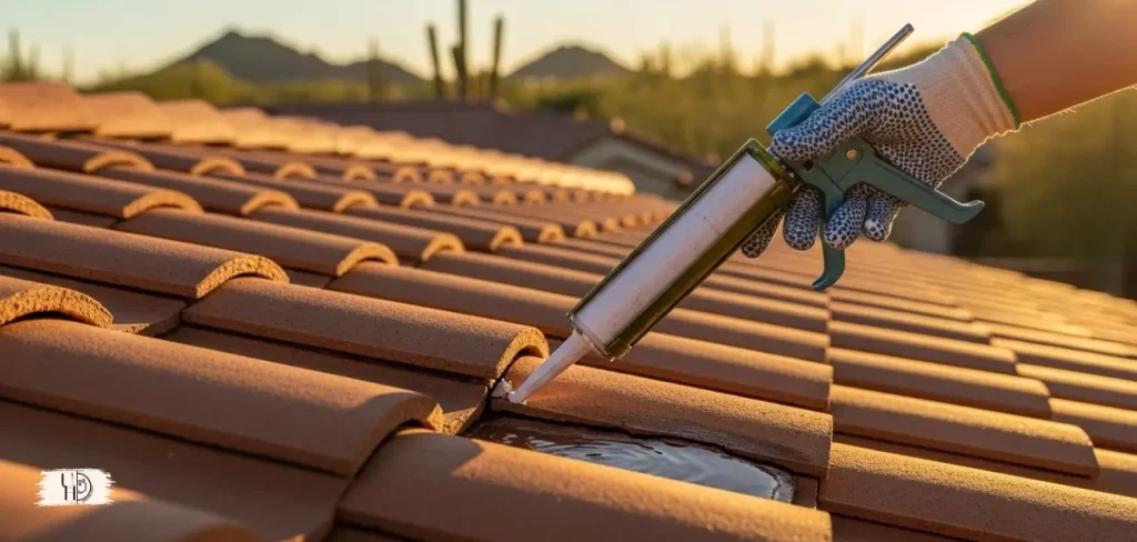 Professional roofer applying sealant to cracked clay roof tiles on a Scottsdale home, repairing roof leaks under Arizona desert sunlight.