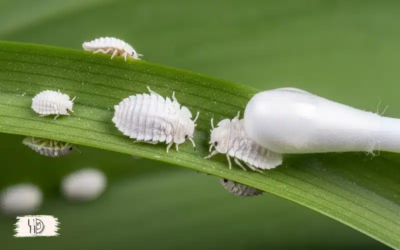 Macro image of mealybugs or scale insects under orchid leaves.
