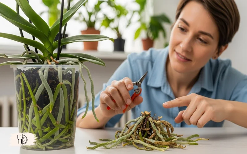 orchid roots showing healthy firm green roots next to trimmed mushy brown roots.