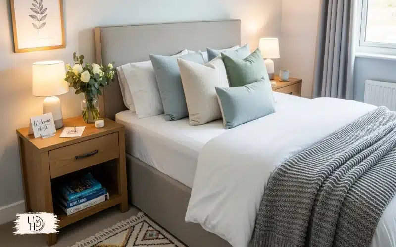 A guest bedroom showing thoughtful details, fresh flowers, welcome note, books on bedside table, cozy personal touches.