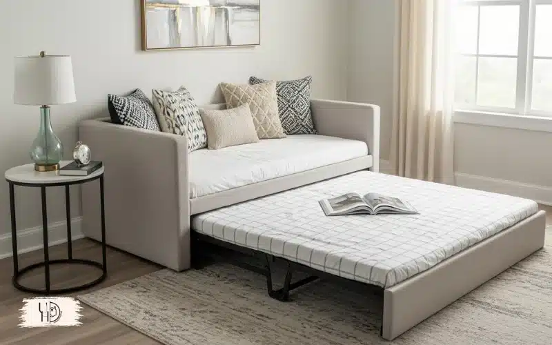 A visual layout showing different guest bed options, daybed, murphy bed, sofa bed, compact room setups.