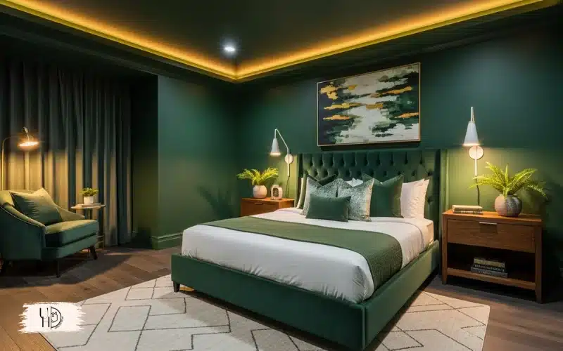 A modern guest bedroom fully color-drenched in deep forest green, walls ceiling and trim matching, dramatic yet cozy lighting.