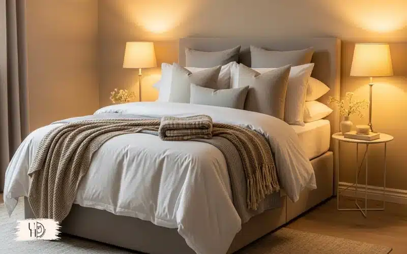 A cozy guest bedroom with layered bedding, soft neutral colors, warm ambient lighting, plush pillows hotel-inspired home bedroom.