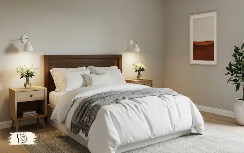 A beautifully styled guest bedroom with simple decor, elegant accessories, fresh flowers on bedside table, minimal but thoughtful decoration.