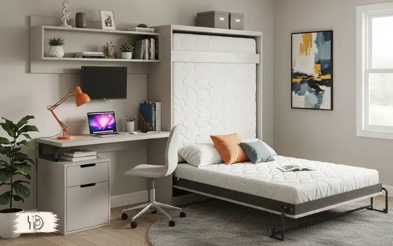 A functional guest room office combo with fold-out bed, desk setup, modern small space design.