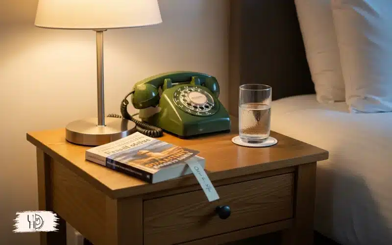 A guest bedroom close-up showing bedside table with lamp, phone, water glass, book, functional and tidy setup.