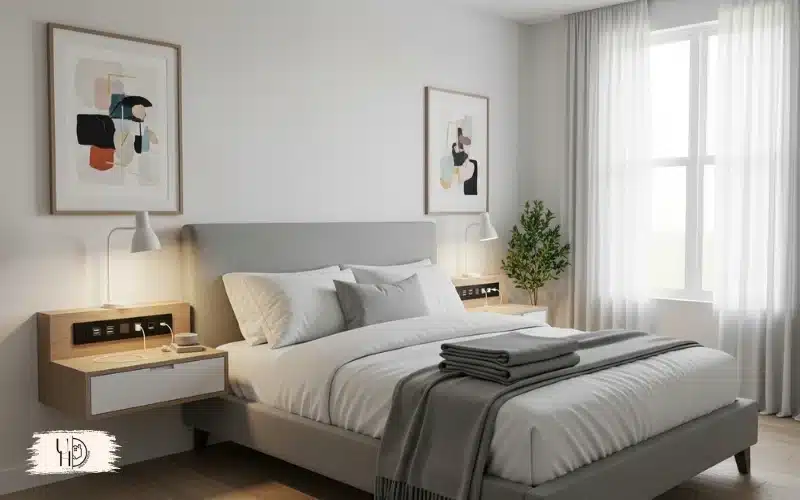 A modern guest bedroom featuring bedside charging station, USB ports, minimal technology setup, clean and clutter-free look.