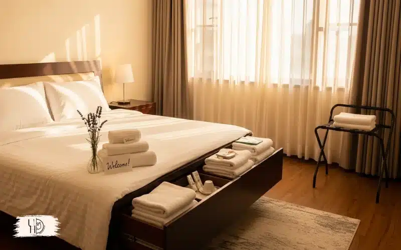 A final-check guest bedroom scene, tidy surfaces, open drawers, ready-for-guests interior setup.