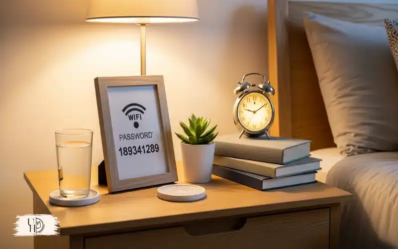A guest bedroom nightstand with framed WiFi password sign, neat and aesthetic presentation.