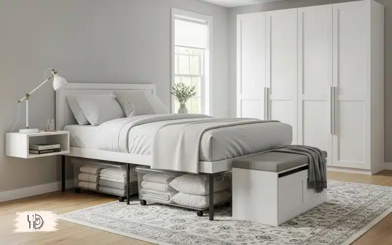 A guest bedroom with rolling under-bed storage containers, neatly organized space, smart small-room storage solution.