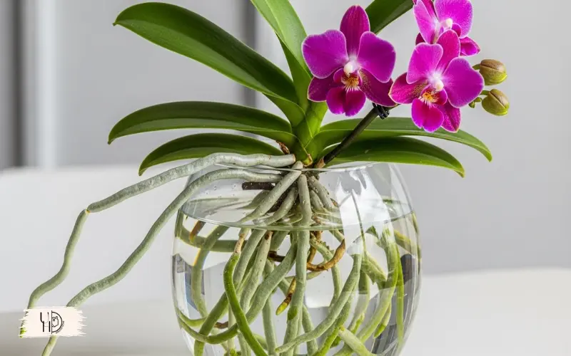 Orchid growing in a glass container using water culture method, roots partially submerged.