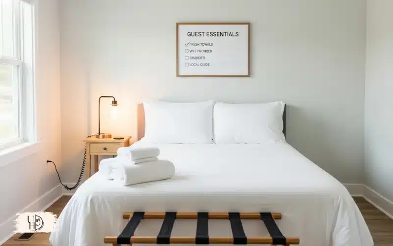 Well-organized guest bedroom essentials setup, neatly folded towels, pillows bright natural lighting.