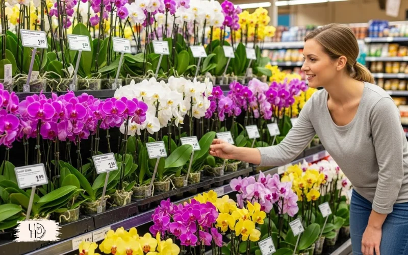 Grocery store display filled with healthy blooming orchids, price tags visible.