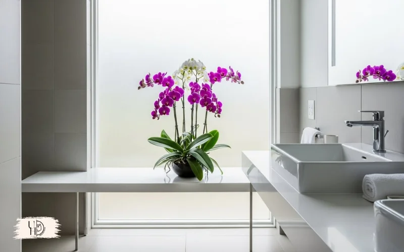 A bright bathroom scene with orchids placed near a frosted window.