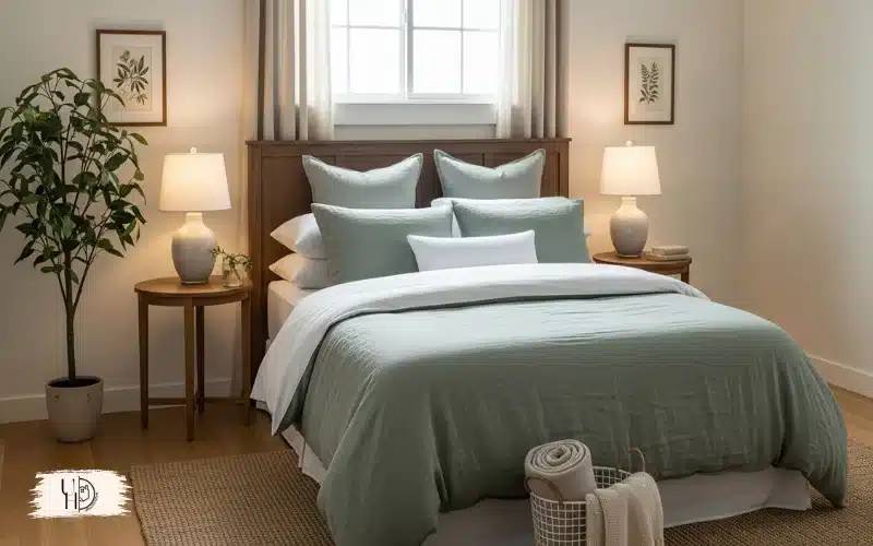 A guest bedroom emphasizing high-quality bedding with simple decorative items, balanced budget-conscious interior styling.