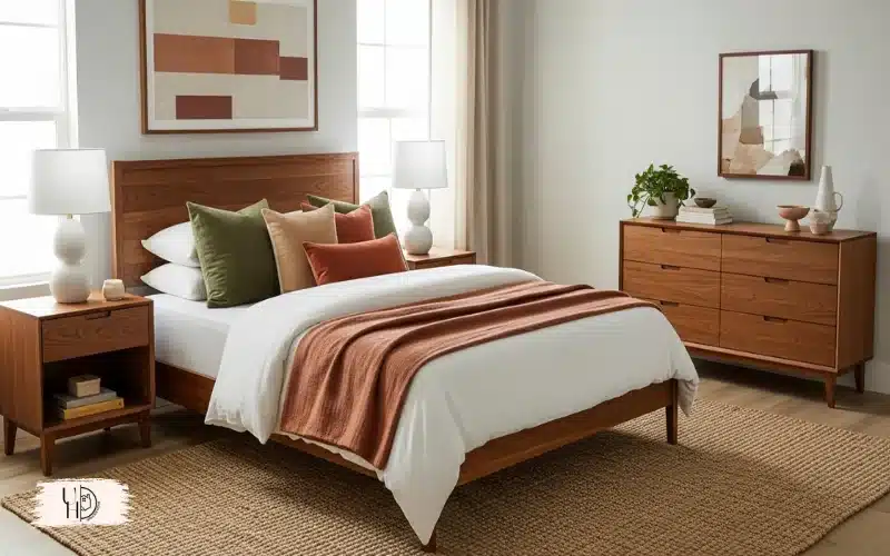 A modern guest bedroom featuring warm brown wooden furniture, walnut nightstands, earthy tones.