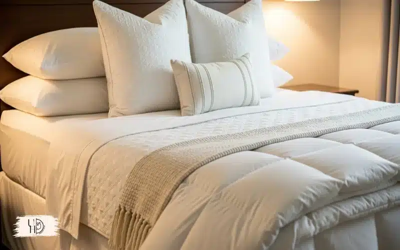 A boutique hotel-style guest bed with layered white linens, quilt, duvet, throw blanket, plush pillows, luxury cozy bedroom atmosphere