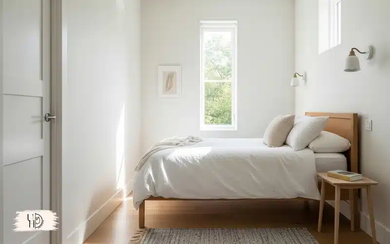 A small guest bedroom painted in soft white and cream tones, natural sunlight reflecting off walls, bright and airy atmosphere, minimal decor