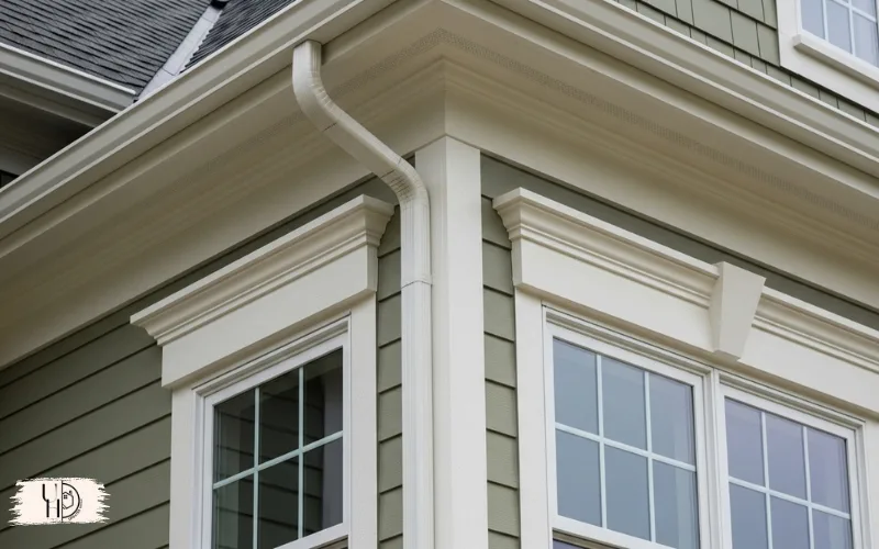 Close-up of soffit, fascia, corner trim, and window detailing on home exterior.