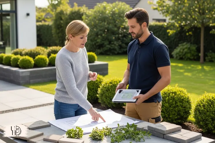 Homeowner meeting landscaper on-site, discussing plans, reviewing materials, professional consultation outdoors.