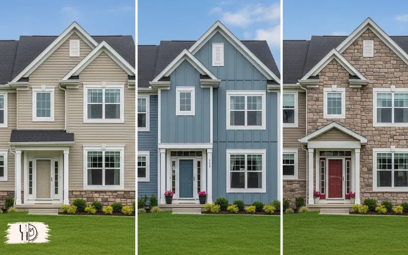 Comparison of vinyl siding, hardie board siding, and stone veneer on different house facades.