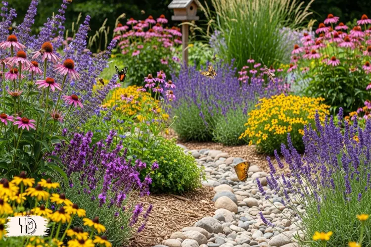 Native perennial garden with low-water plants, bees and butterflies, sustainable landscaping.
