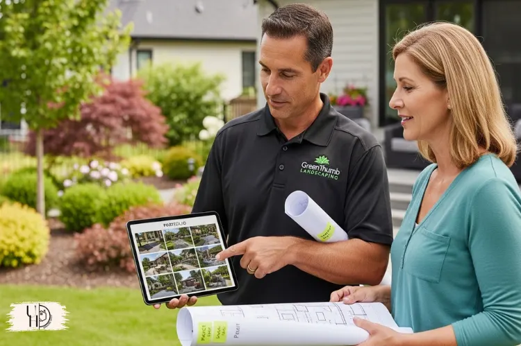 Professional landscaper meeting homeowner on-site, reviewing project plans, tablet showing portfolio images.