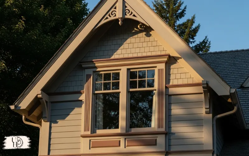 Close-up of home exterior highlighting gables, window trim, corner details, and decorative shadow lines.