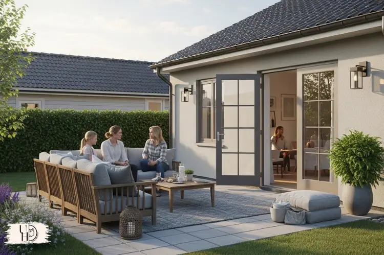 Early summer backyard scene, cozy patio seating, soft sunlight, family relaxing outdoors.