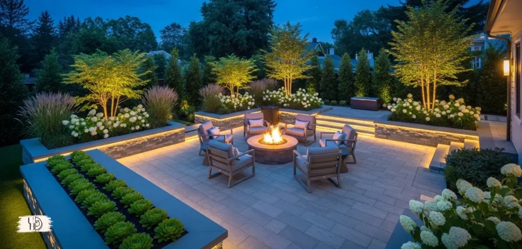 Luxury residential backyard transformation, modern patio, fire pit, lush greenery, evening warm lighting.