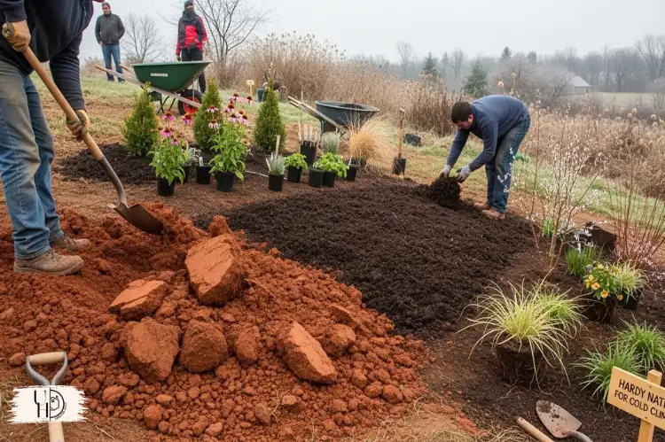 Landscaping in cold climate region, clay soil preparation, hardy native plants.