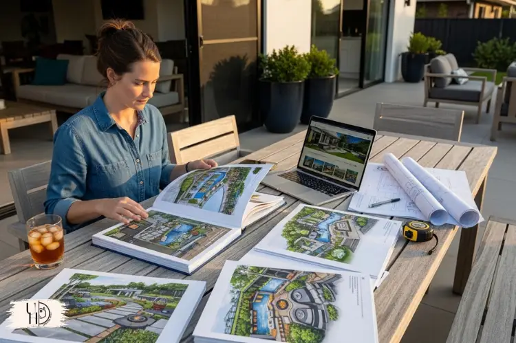 Homeowner planning backyard landscaping, reviewing contractor portfolios, outdoor design sketches on table.