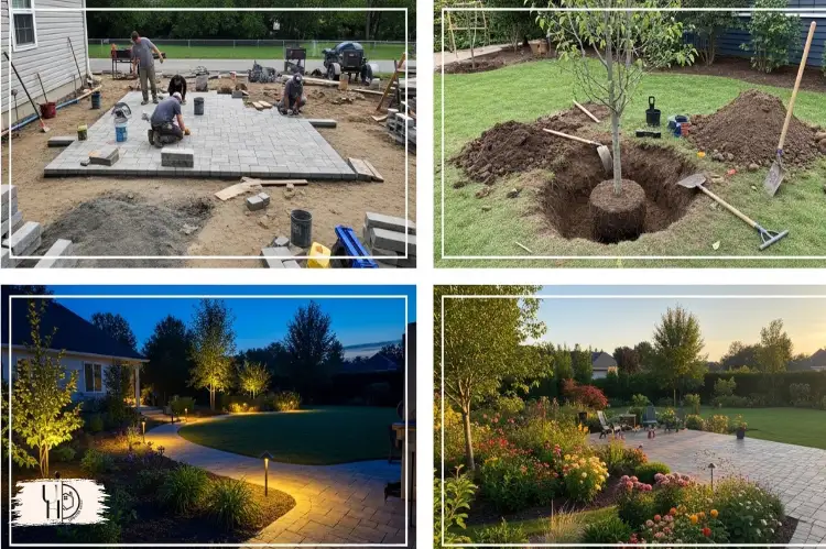Backyard transformation phases collage: patio installation, tree planting, outdoor lighting setup.