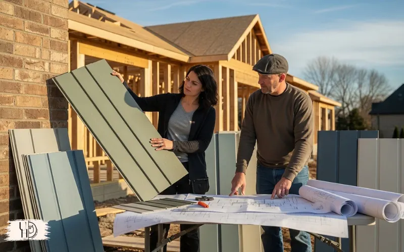 Homeowner reviewing siding color samples with contractor outdoors, material boards and design plans visible.
