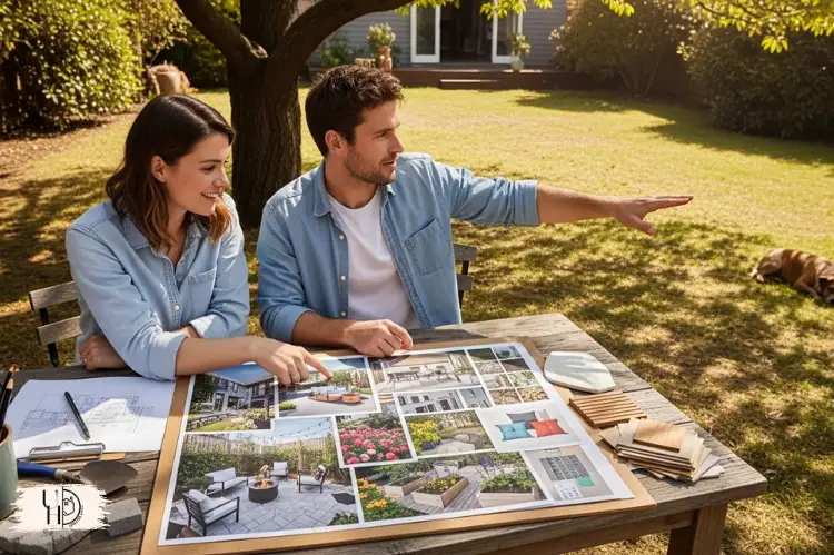Couple discussing backyard vision, mood board with patio, fire pit, garden ideas.