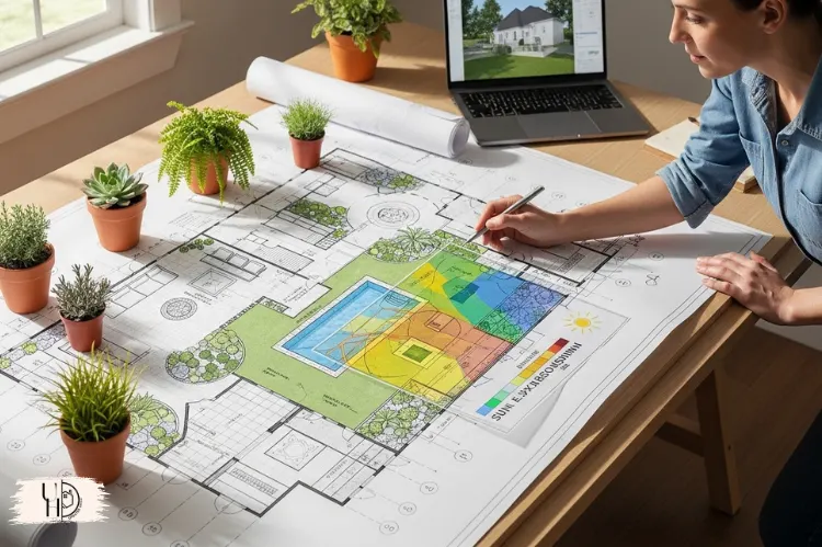 Landscape blueprint on table with plant samples, sun exposure mapping, designer planning backyard.