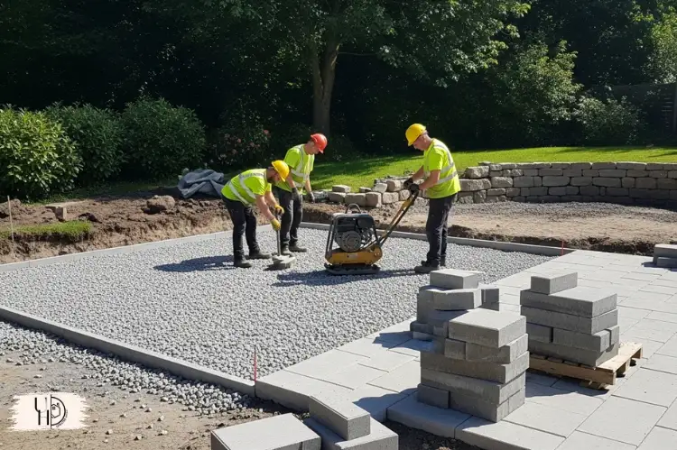 Strong hardscaping base installation, compacted gravel foundation, frost-resistant pavers, durable garden design.