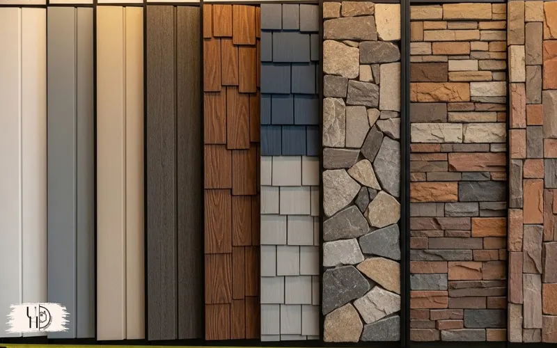 Display of siding material samples including vinyl, fiber cement, and stone veneer arranged neatly.