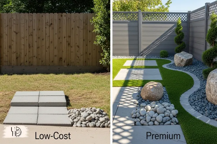 Side-by-side comparison of low-cost vs premium landscaping materials.