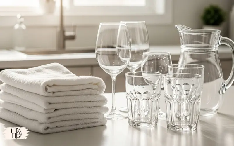 Bright white laundry and sparkling clear glassware on kitchen counter, soft natural light.