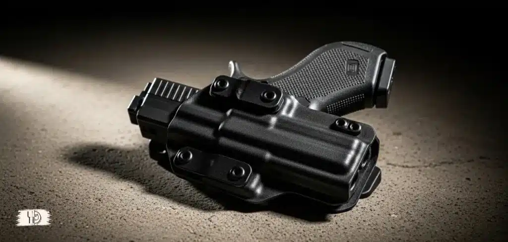 Realistic photo of a concealed carry holster placed, tactical style lighting, modern firearm holster design.